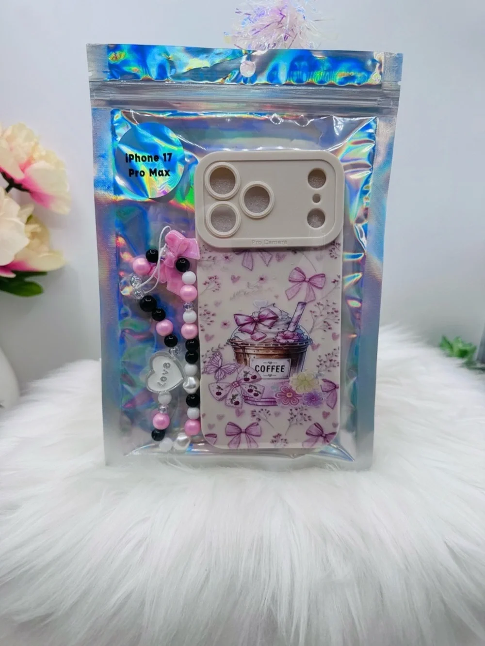 Cute Pink Bow Coffee iPhone 17 Pro Max Case + Beaded Charm  – Girly Aesthetic